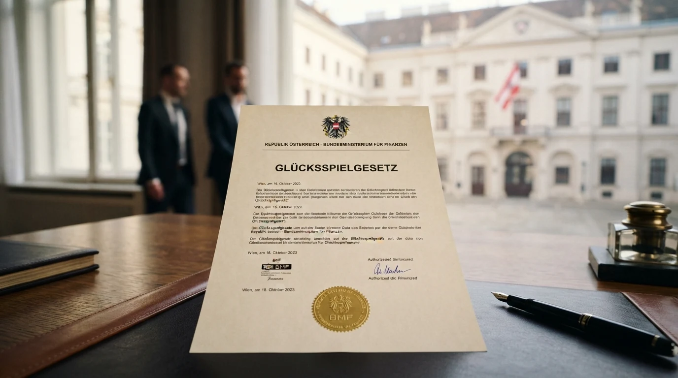 Ein offiziell aussehendes Dokument mit dem Adler-Wappen und dem Titel „Glücksspielgesetz“, im Hintergrund das BMF-Gebäude angedeutet