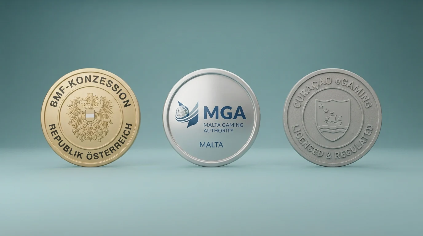 Drei nebeneinander angeordnete Siegel: das österreichische BMF-Konzessionswappen, das Malta-Gaming-Authority-Logo und das Curaçao-eGaming-Symbol