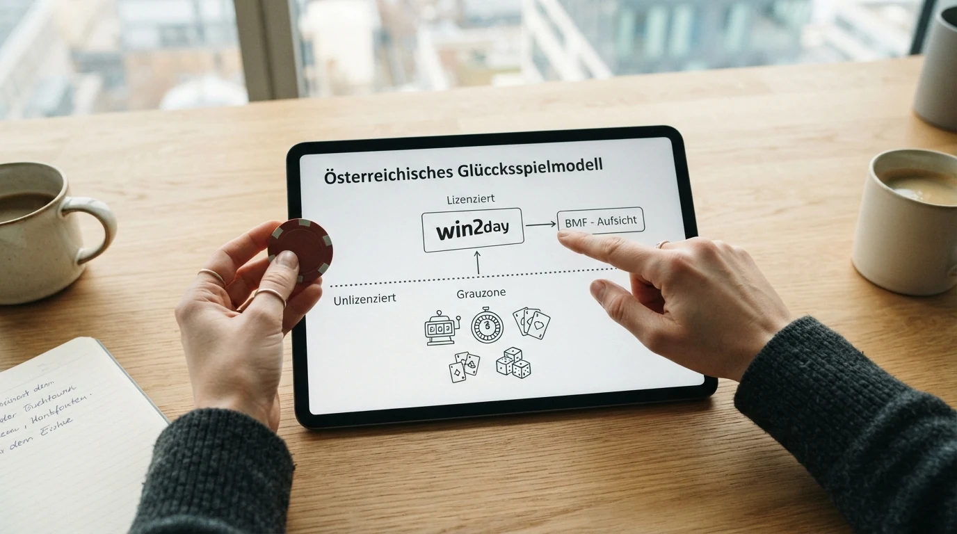 Schematische Darstellung des österreichischen Glücksspiel-Konzessionsmodells mit win2day, BMF-Aufsicht und dem Grauzonen-Bereich