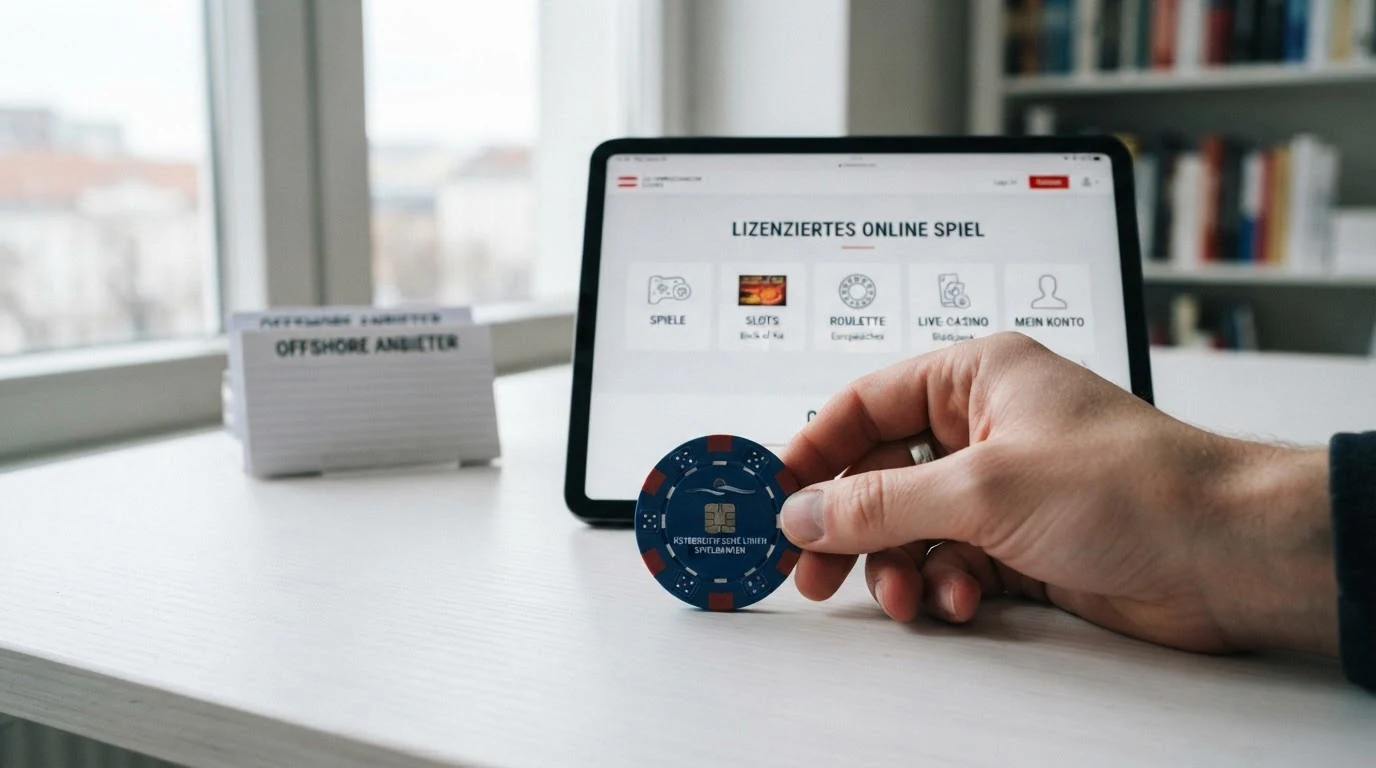 Schematische Darstellung des österreichischen Glücksspielmonopols: win2day als einziger Konzessionär, daneben die gängigen Offshore-Anbieter ohne AT-Lizenz