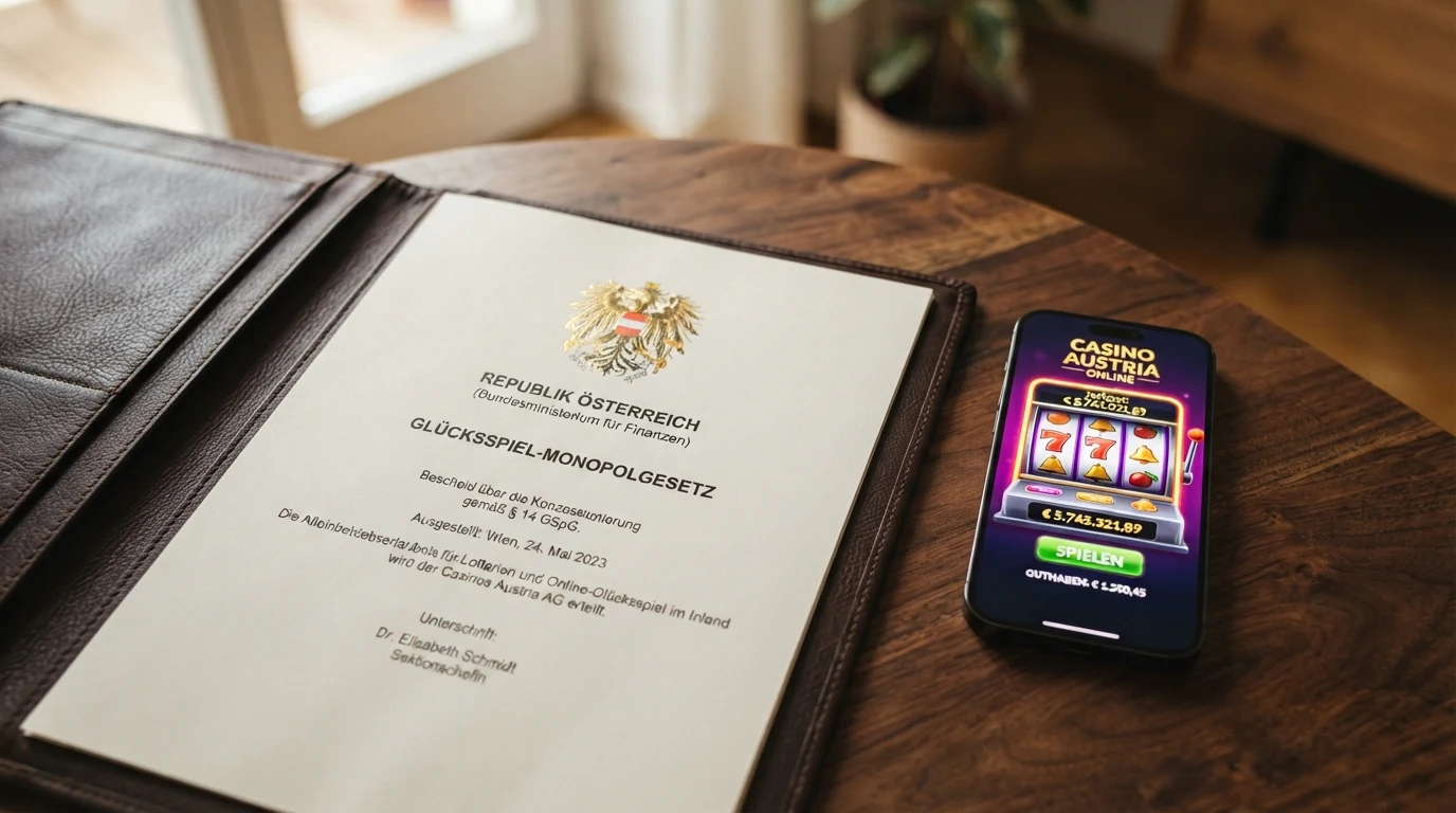 Das österreichische Bundeswappen auf einem amtlichen Dokument mit Paragrafen-Text, daneben das Logo der Malta Gaming Authority mit einem durchgestrichenen Haken.