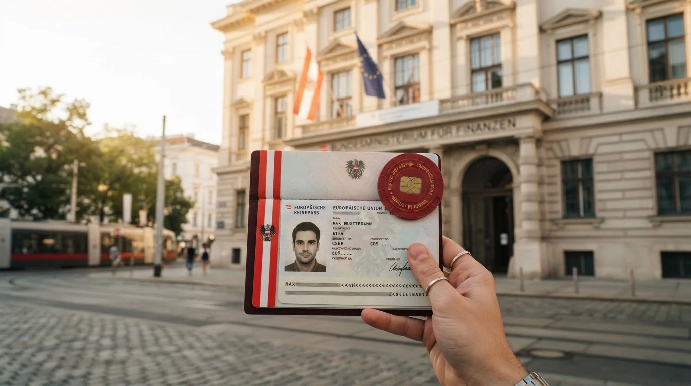 Das Gebäude des Bundesministeriums für Finanzen in Wien mit eingeblendetem GSpG-Schriftzug und dem österreichischen Bundeswappen