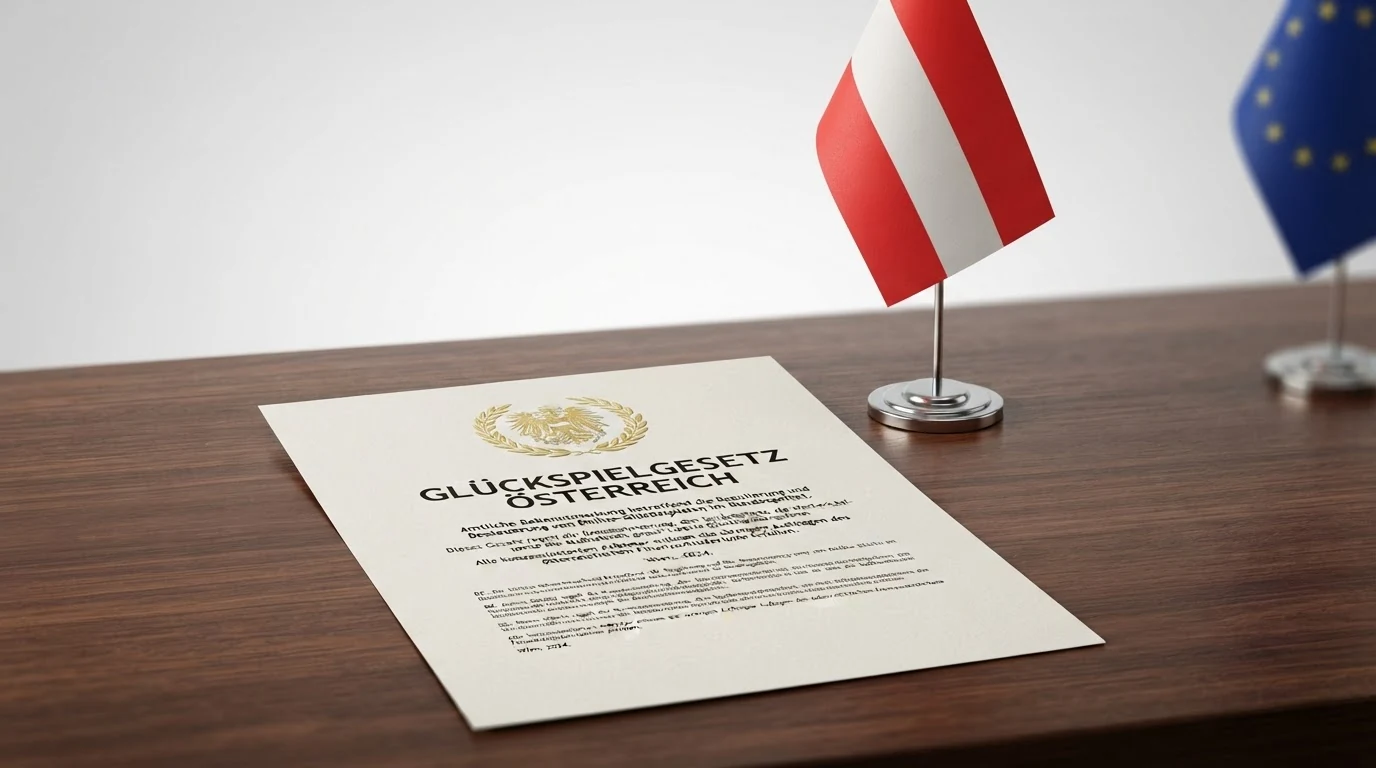 Offizielles Dokument mit österreichischem Bundesadler und Glücksspielgesetz-Text vor einer EU-Flagge