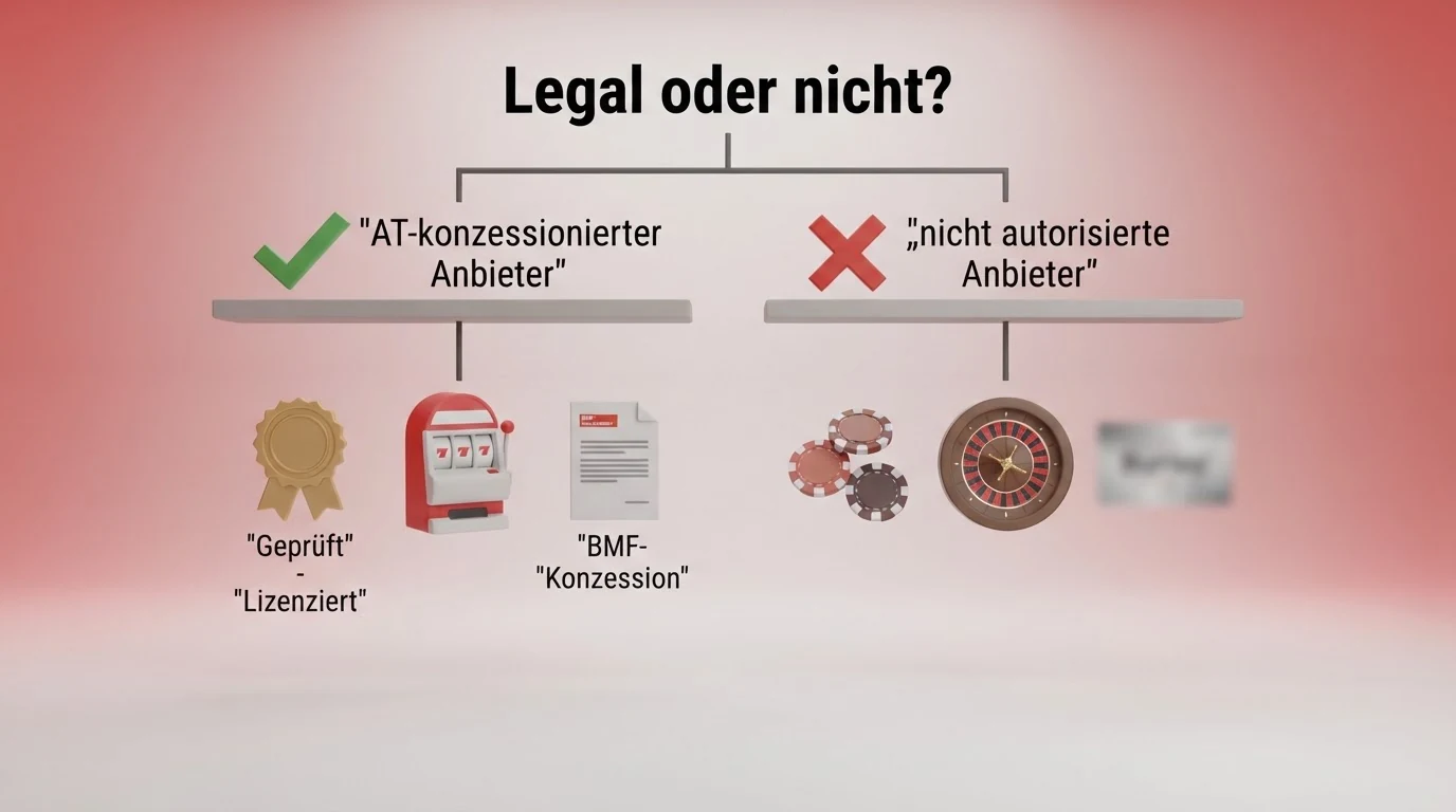 Ein grafischer Entscheidungsbaum: legal (win2day, AT-Konzession) vs. nicht autorisiert (MGA, Curaçao, Gibraltar) mit farblicher Trennung