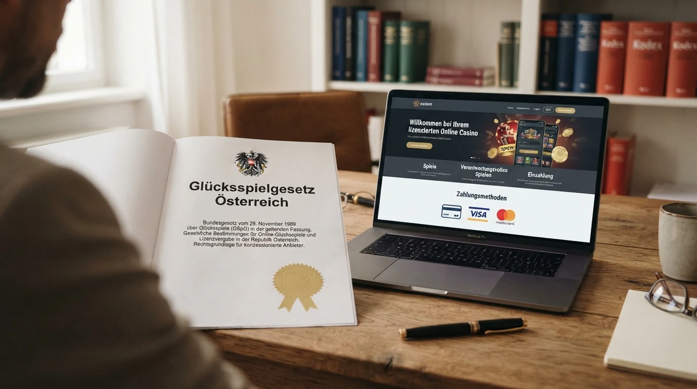 Amtliches Dokument mit GSpG-Schriftzug und AT-Wappen vor dem Hintergrund einer Casino-Website mit Skrill-Logo — Symbolbild für die rechtliche Grauzone