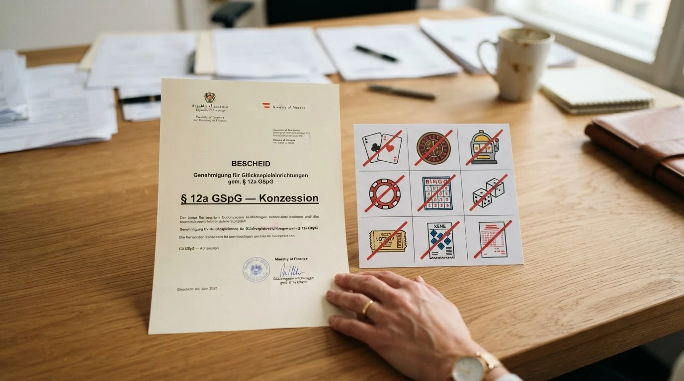 Ein amtlich wirkendes Dokument mit Siegel und dem Text „§ 12a GSpG — Konzession,“ daneben neun durchgestrichene Casino-Logos