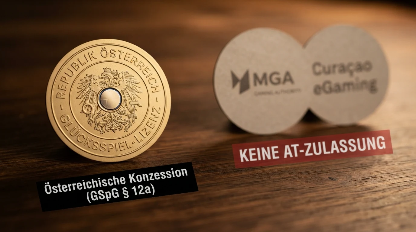 Visuelle Gegenüberstellung: links das win2day-Logo mit grün hinterlegtem Hinweis „Österreichische Konzession (GSpG § 12a)“, rechts Logos von MGA und Curaçao eGaming mit rot hinterlegtem Warnhinweis „Keine AT-Zulassung“