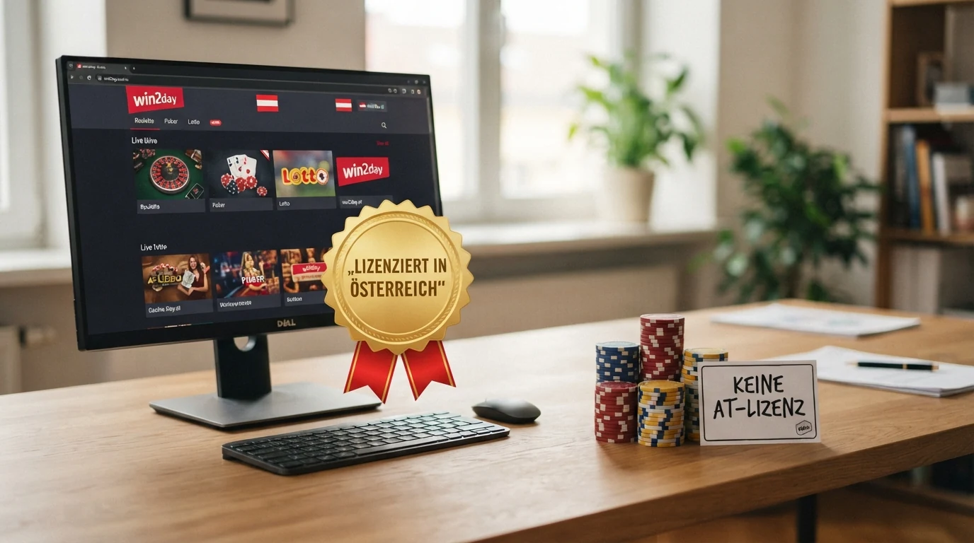 Visuelle Gegenüberstellung: links das win2day-Logo mit dem Hinweis „AT-Konzession (BMF)“, rechts mehrere MGA-Casino-Logos mit dem Hinweis „Keine AT-Lizenz“