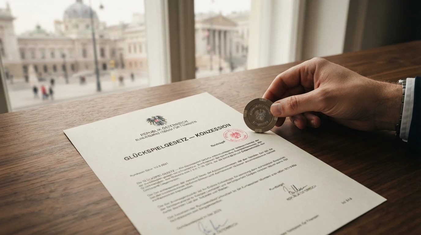 Offiziell wirkendes Dokument mit österreichischem Bundesadler und dem Titel „Glücksspielgesetz — Konzession“