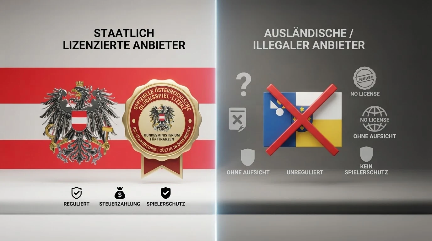 Eine schematische Übersicht: Das österreichische Staatswappen neben dem win2day-Logo auf der einen Seite, EU-Flagge mit MGA-, GGL- und Gibraltar-Symbolen durchgestrichen auf der anderen