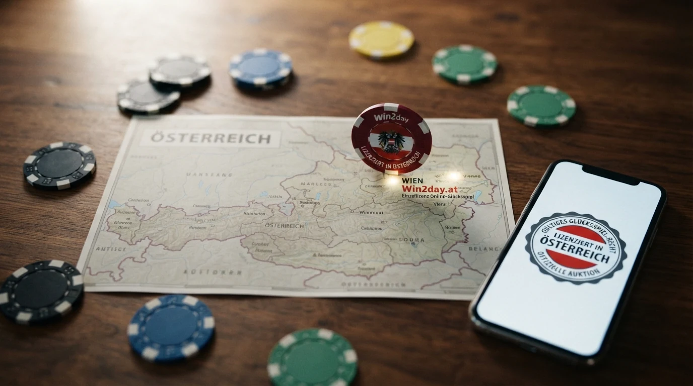 Eine stilisierte Österreich-Karte, auf der ein einzelner Punkt (win2day) als „konzessioniert" markiert ist, während neun weitere Punkte außerhalb der Karte als „nicht konzessioniert" gekennzeichnet sind