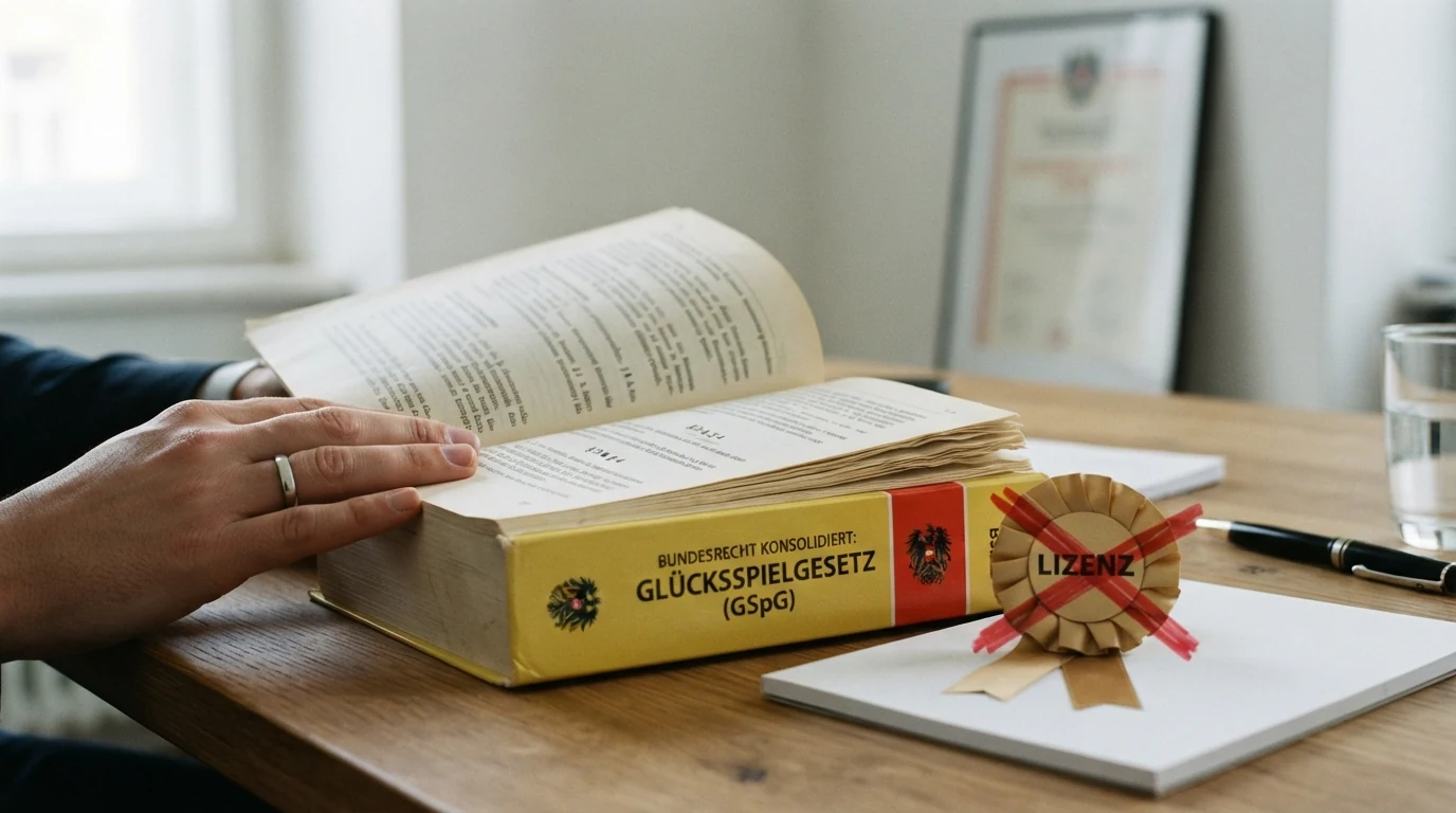 Österreichisches GSpG-Gesetzbuch aufgeschlagen neben dem win2day-Logo und einem durchgestrichenen Curaçao-Lizenzsiegel