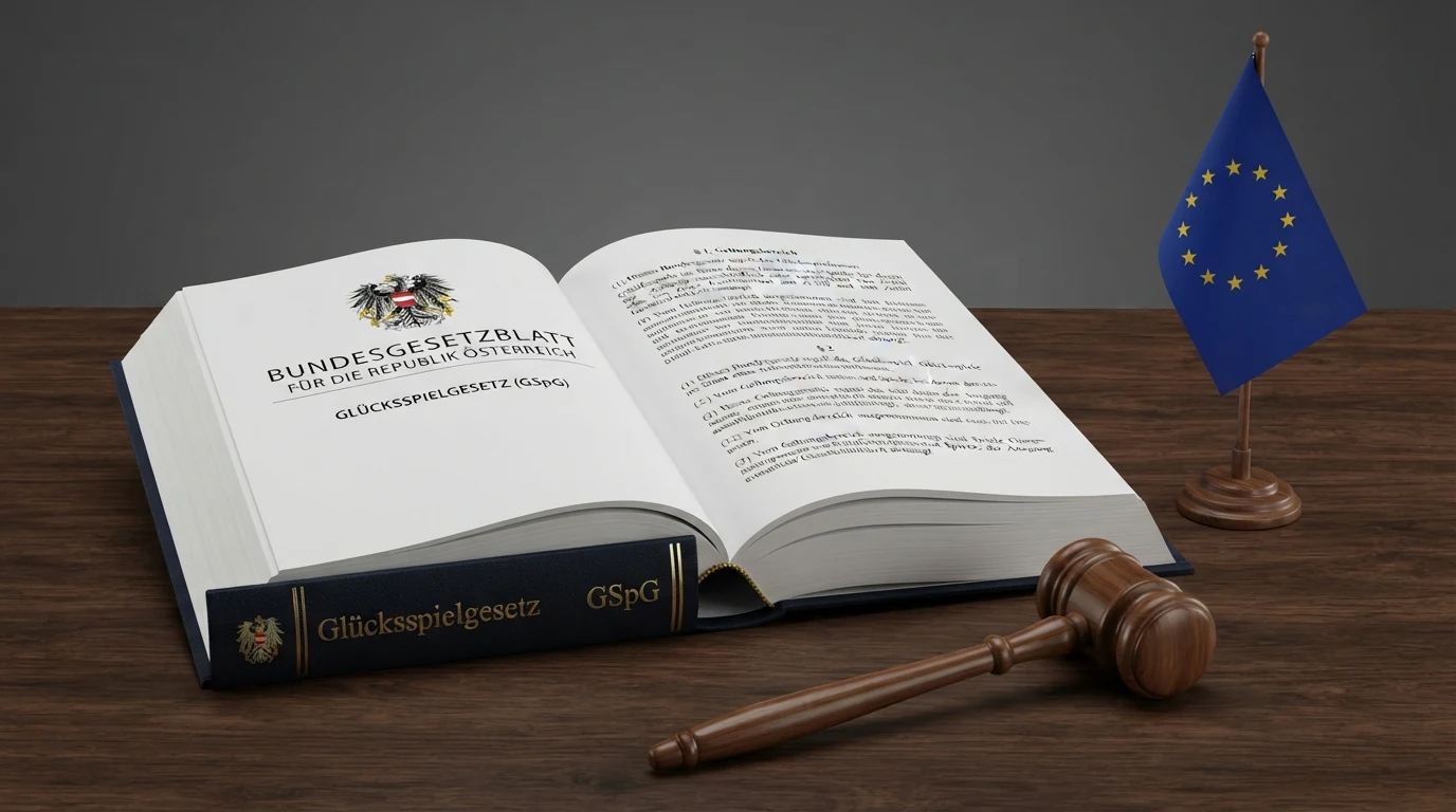 Ein aufgeschlagenes Gesetzbuch mit dem Titel „Glücksspielgesetz (GSpG)“ neben dem österreichischen Bundesadler; daneben eine stilisierte Darstellung der EU-Flagge und ein Richterhammer.