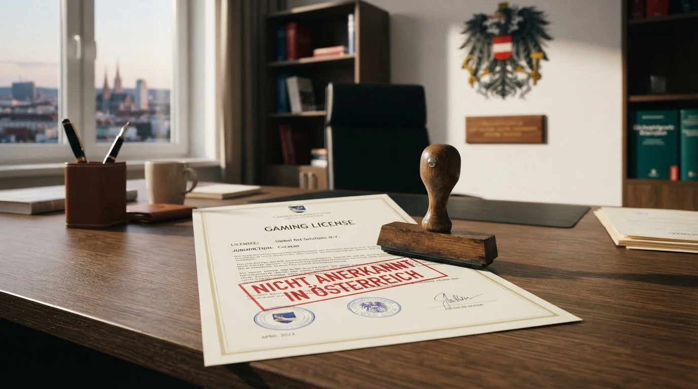 Illustration: Eine Curaçao-Lizenz-Urkunde neben einem durchgestrichenen österreichischen Hoheitszeichen
