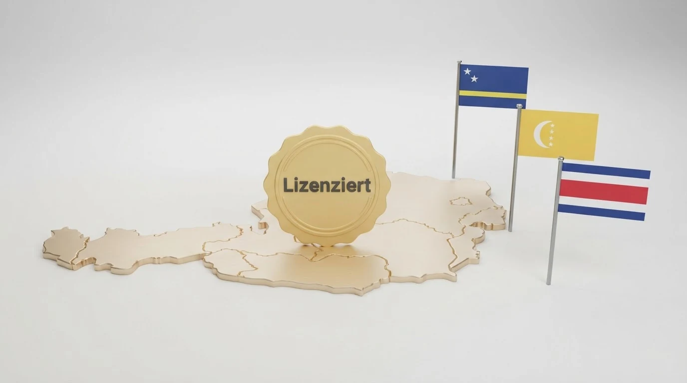 Schaubild: Österreich-Karte mit win2day-Logo als einzigem lizenzierten Anbieter, daneben Offshore-Casinos mit Curaçao- und Anjouan-Flaggen