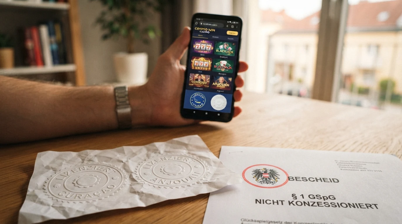 Curaçao- und Anjouan-Lizenzsiegel neben durchgestrichenem AT-Wappen mit Glücksspielgesetz-Text