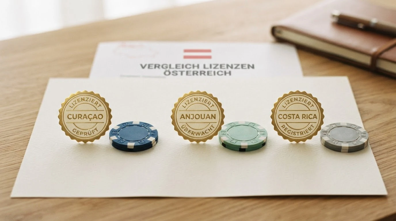 Vergleich von Glücksspiellizenzen: Österreichisches Wappen neben Symbolen für Curaçao- und Anjouan-Lizenzen