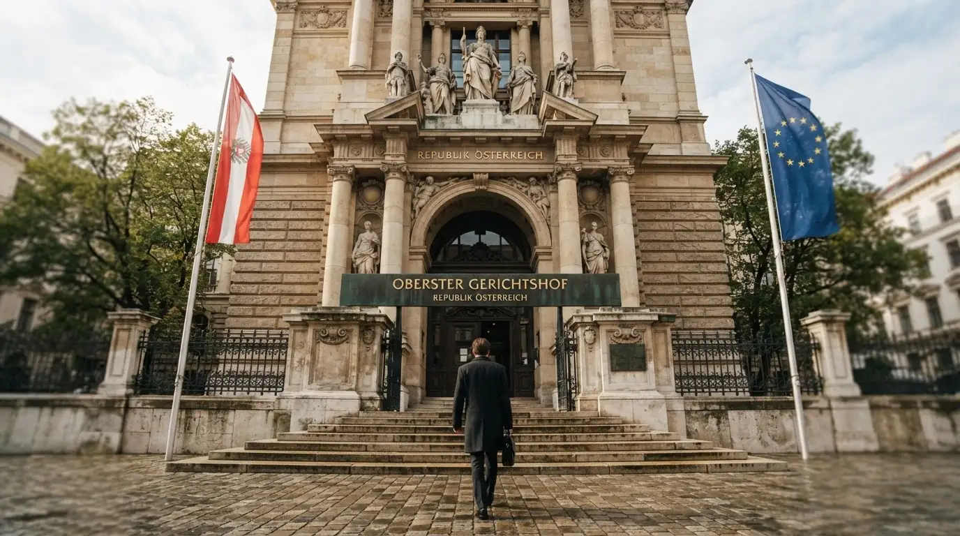 Der Eingang des Obersten Gerichtshofs in Wien mit der österreichischen und europäischen Flagge im Vordergrund