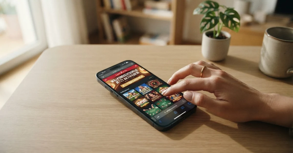 Ein Online-Casino-Startbildschirm im Browser mit einem hervorgehobenen „Bonus ohne Einzahlung“-Banner, daneben Spielkacheln — kein „Jetzt herunterladen“-Button sichtbar