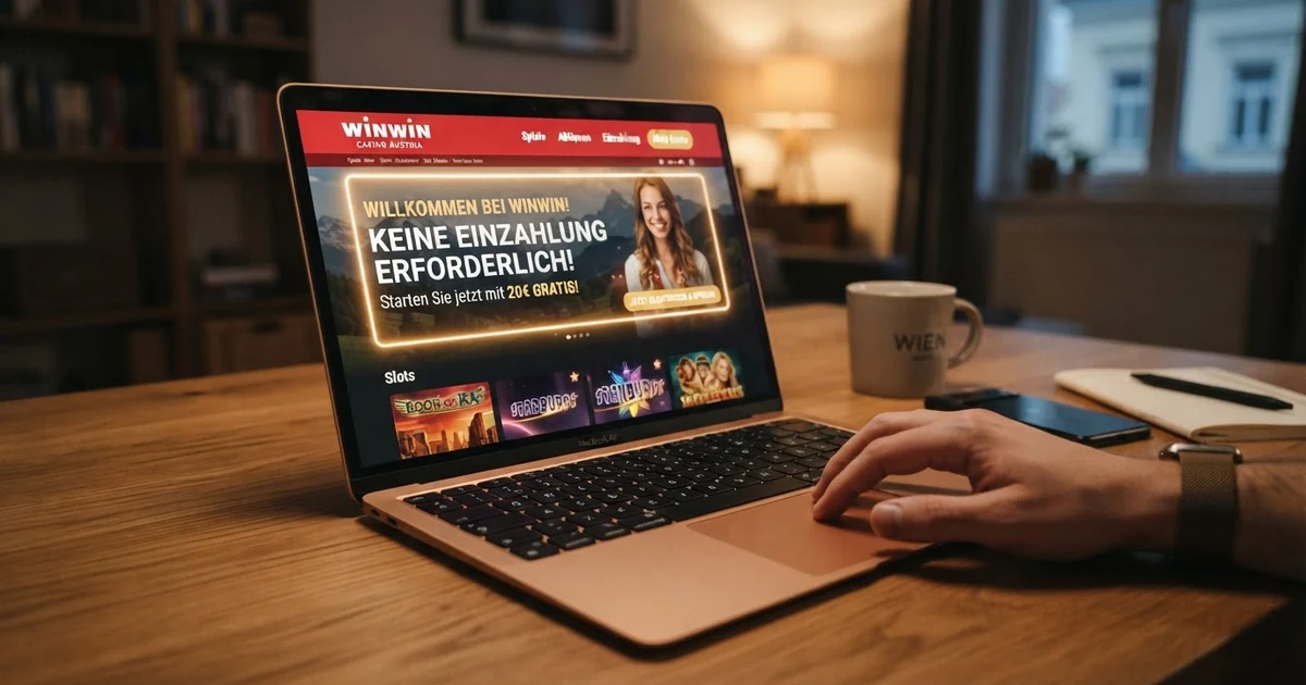Ein geöffneter Laptop zeigt eine Casino-Startseite mit einem Willkommensbonus-Banner und dem Hinweis „Keine Einzahlung erforderlich“
