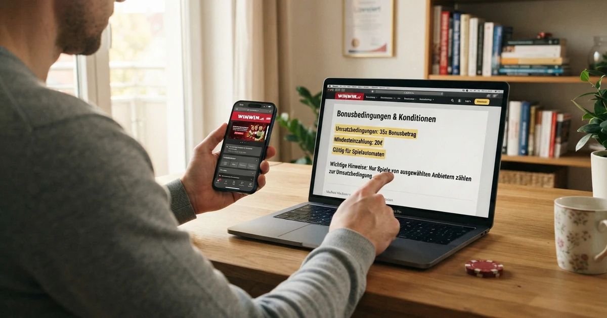Eine Nahaufnahme von Casino-Bonusbedingungen auf einem Bildschirm, daneben liegt ein Smartphone mit geöffneter Casino-App