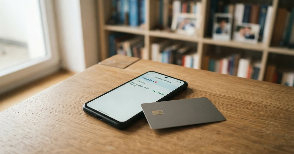 Ein Smartphone mit geöffneter Banking-App und Kontoauszügen neben einer Kreditkarte, darunter die Aufschrift „Rückforderung Online Casino“