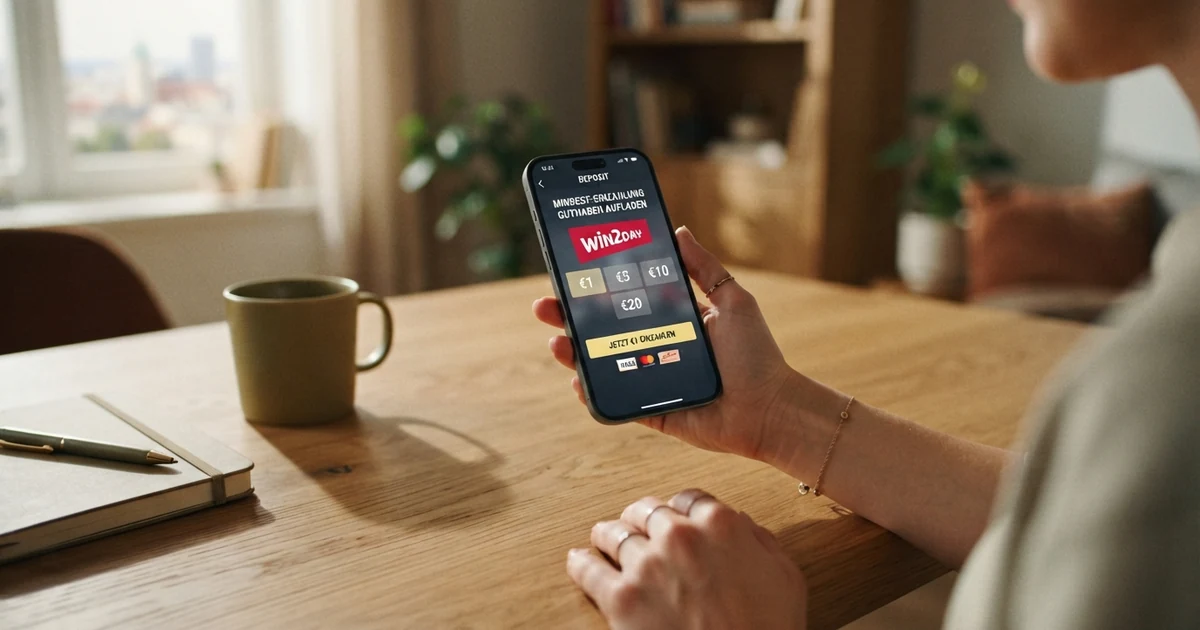 Nahaufnahme eines Smartphones mit geöffneter Casino-Einzahlungsseite, verschiedene Betragsoptionen von 1 € bis 20 € sichtbar