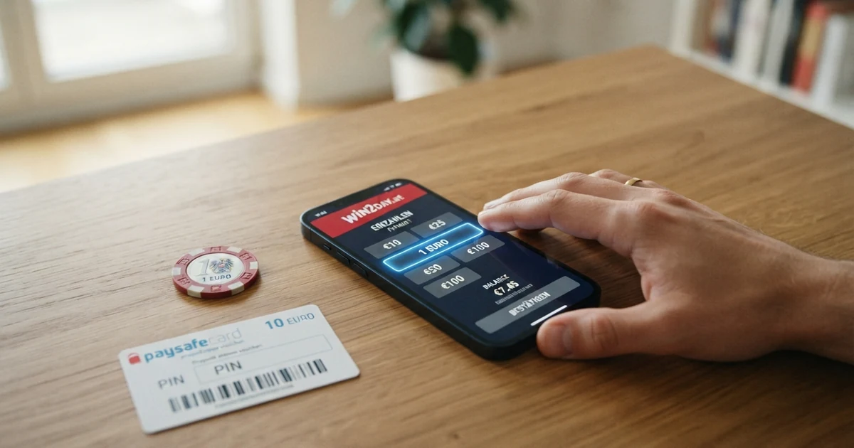 Ein Smartphone zeigt den Einzahlungsbildschirm eines Online Casinos mit der Auswahl „1 Euro“ als Mindesteinzahlung, daneben liegen ein Euro-Münze und eine paysafecard.