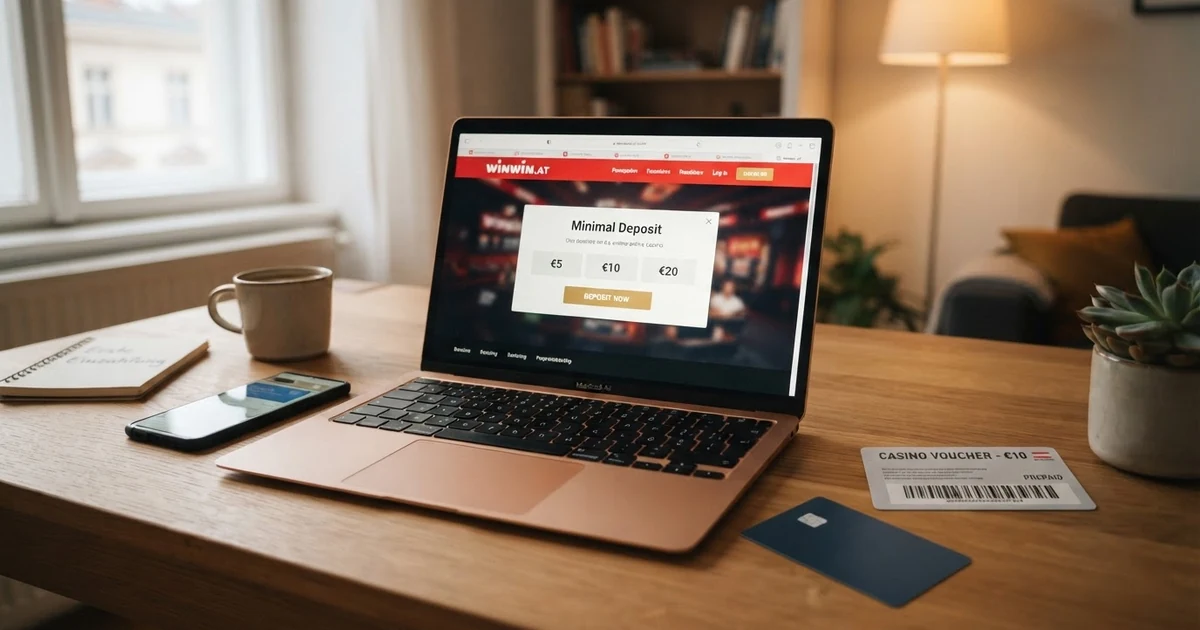 Ein Laptop-Bildschirm zeigt eine Online-Casino-Startseite mit Einzahlungsbereich, daneben eine 15-Euro-Banknote und eine Paysafecard auf einem Schreibtisch