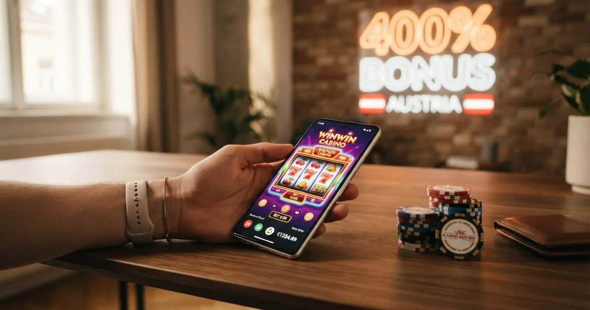 Ein Stapel Euro-Banknoten neben einem Smartphone mit geöffneter Casino-App, im Hintergrund ein leuchtendes „400%“