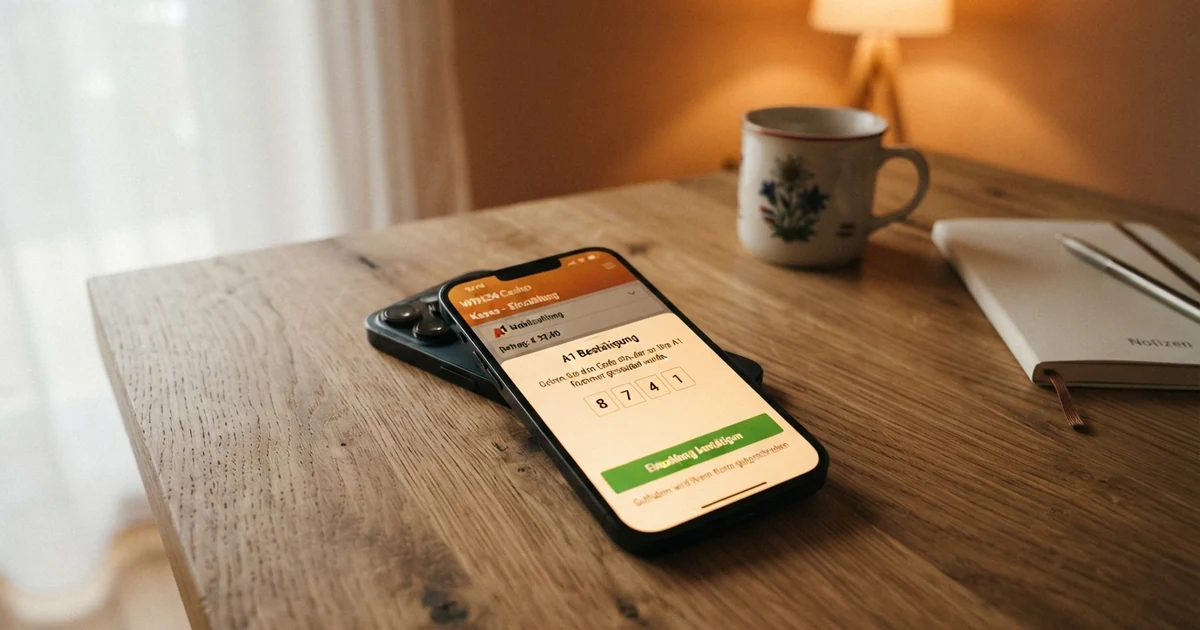 Smartphone mit geöffneter Casino-Kasse und SMS-Bestätigung einer A1-Einzahlung auf dem Bildschirm