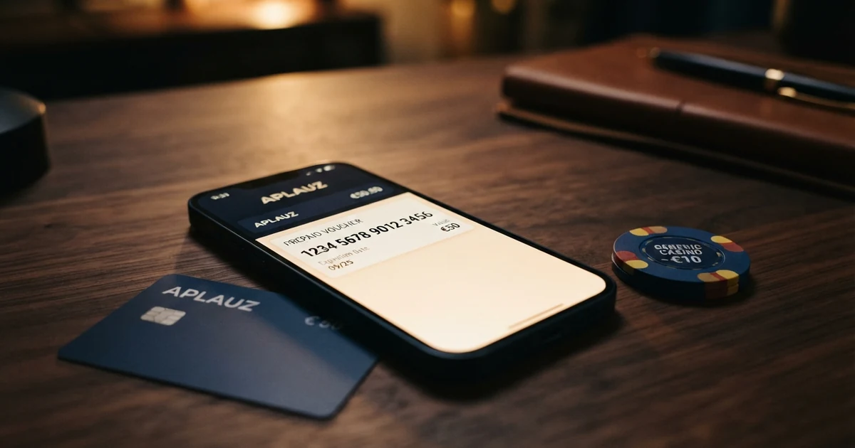 Eine Aplauz-Prepaid-Guthabenkarte auf einem Smartphone-Bildschirm, daneben der 16-stellige Code in der Aplauz-App
