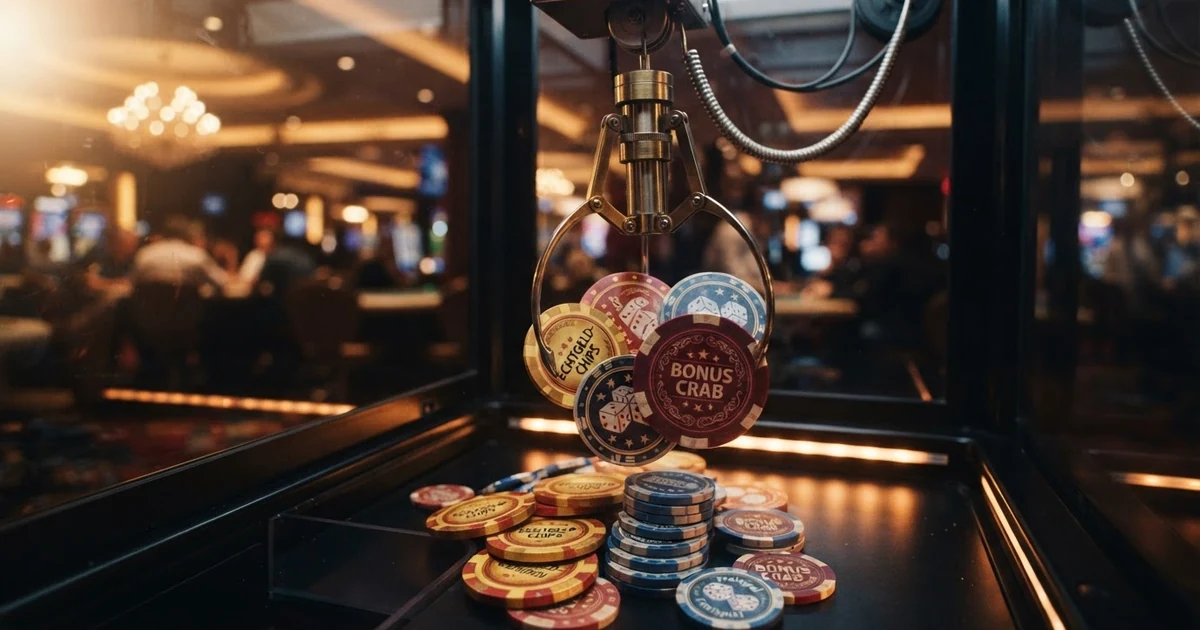 Ein virtueller Greifautomat mit geöffneter Klaue über leuchtenden Casino-Preisen — Echtgeld-Chips, Bonus-Guthaben, Freispiel-Symbole und Münzen auf einem dunklen Spielfeld
