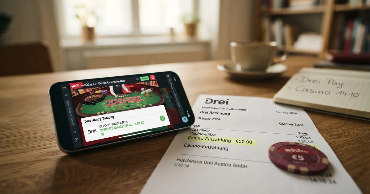 Smartphone mit geöffneter Casino-App und Drei-Logo auf dem Bildschirm, daneben eine Mobilfunkrechnung mit hervorgehobenem Casino-Einzahlungsposten
