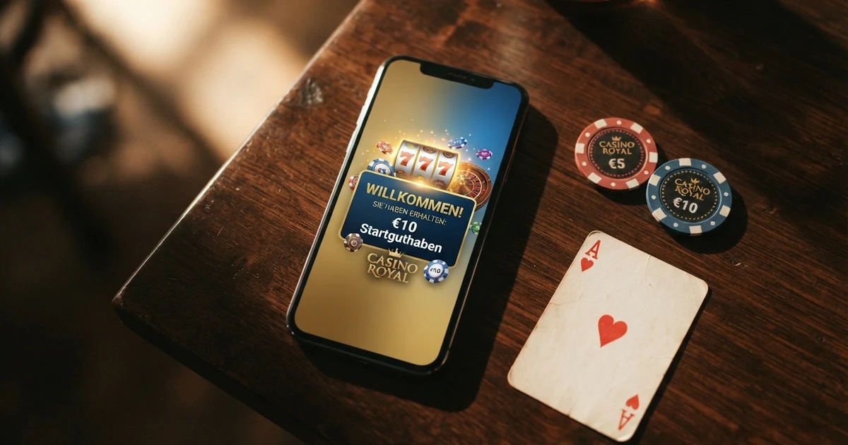 Ein Spieler hält ein Smartphone mit einer geöffneten Casino-App, auf dem Display erscheint ein Startguthaben-Willkommens-Popup, daneben liegen Spielkarten und Casino-Chips auf einem dunklen Holztisch.
