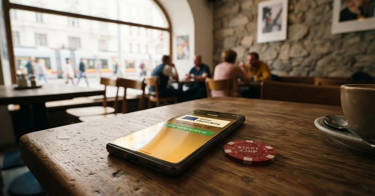 EPS-Logo auf dem Bildschirm eines Smartphones neben der Kassen-Oberfläche eines Online-Casinos, das die EPS-Option in der Zahlungsmethoden-Auswahl anzeigt