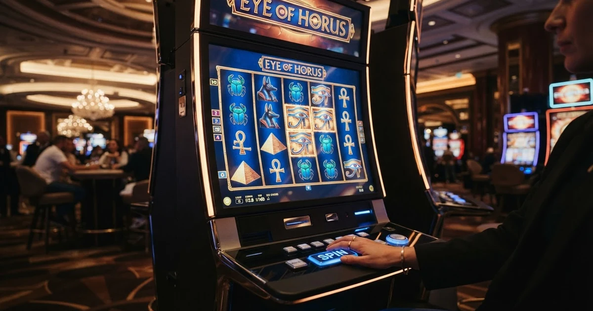 Spielautomat Eye of Horus mit ägyptischen Symbolen auf fünf Walzen und drei Reihen, Horus-Wild und Pyramiden-Scatter im Bild