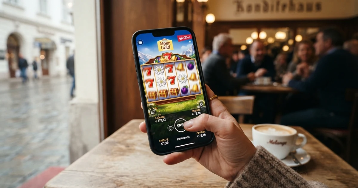 Eine Hand hält ein Smartphone, auf dessen Bildschirm ein Casino-Spielautomat mit bunten Walzen und Wett-Buttons zu sehen ist