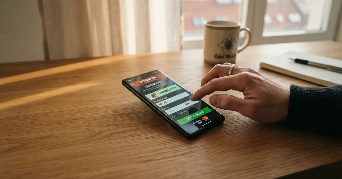 Smartphone-Bildschirm mit geöffnetem Casino-Kassenbereich, die Option „Handyrechnung“ ist ausgewählt, daneben die Eingabefelder für die Mobilfunknummer und den Einzahlungsbetrag