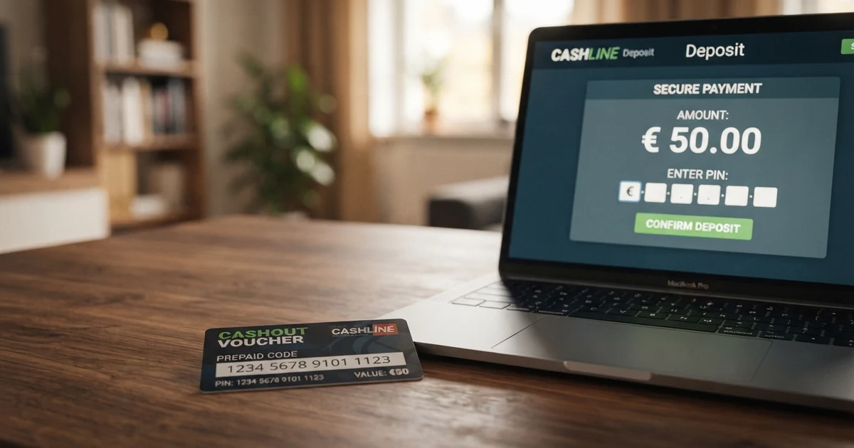 Eine paysafecard mit sichtbarem 16-stelligen PIN-Code neben einem geöffneten Laptop, der die Kassenbereich-Seite eines Online Casinos zeigt.
