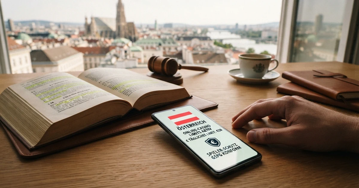 Eine stilisierte Österreich-Karte neben einer deutschen Gesetzestext-Seite mit durchgestrichenem „1-Euro-Limit“-Stempel und einem Casino-Interface mit flexiblem Einsatzregler