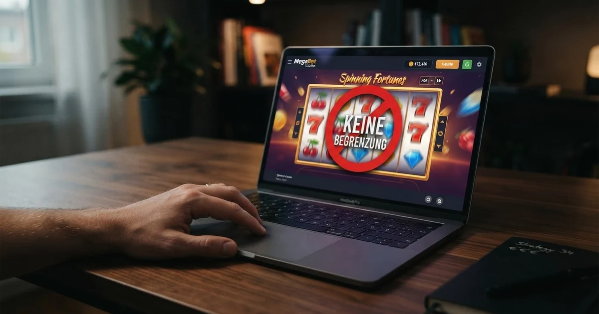 Laptop mit geöffneter Casino-Webseite und einem durchgestrichenen Limit-Symbol auf dem Bildschirm