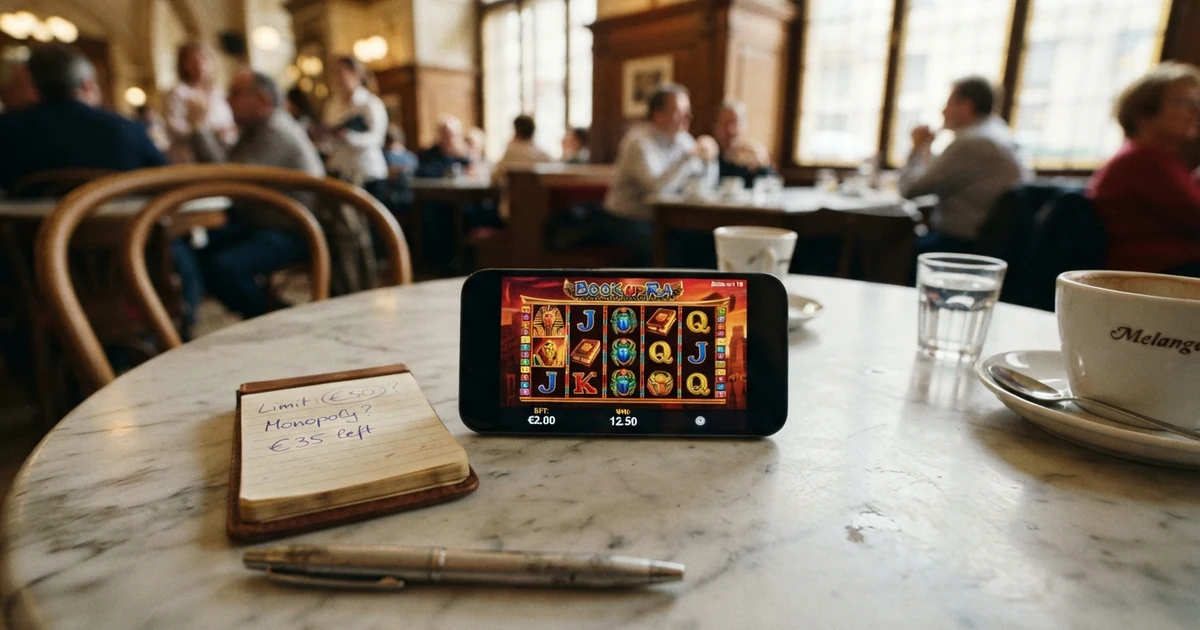 Ein Smartphone mit geöffneter Casino-App liegt auf einem Marmortisch in einem Wiener Kaffeehaus, daneben ein handschriftlicher Notizzettel mit eingekreisten Limits und einem Fragezeichen.