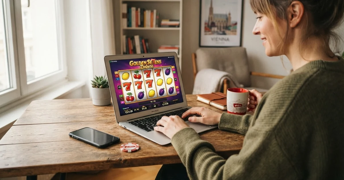 Ein Spieler an einem Laptop mit einer Slot-Oberfläche, auf der kein Countdown oder Warte-Timer eingeblendet ist, der Bildschirm zeigt fliessendes Spiel ohne Unterbrechung