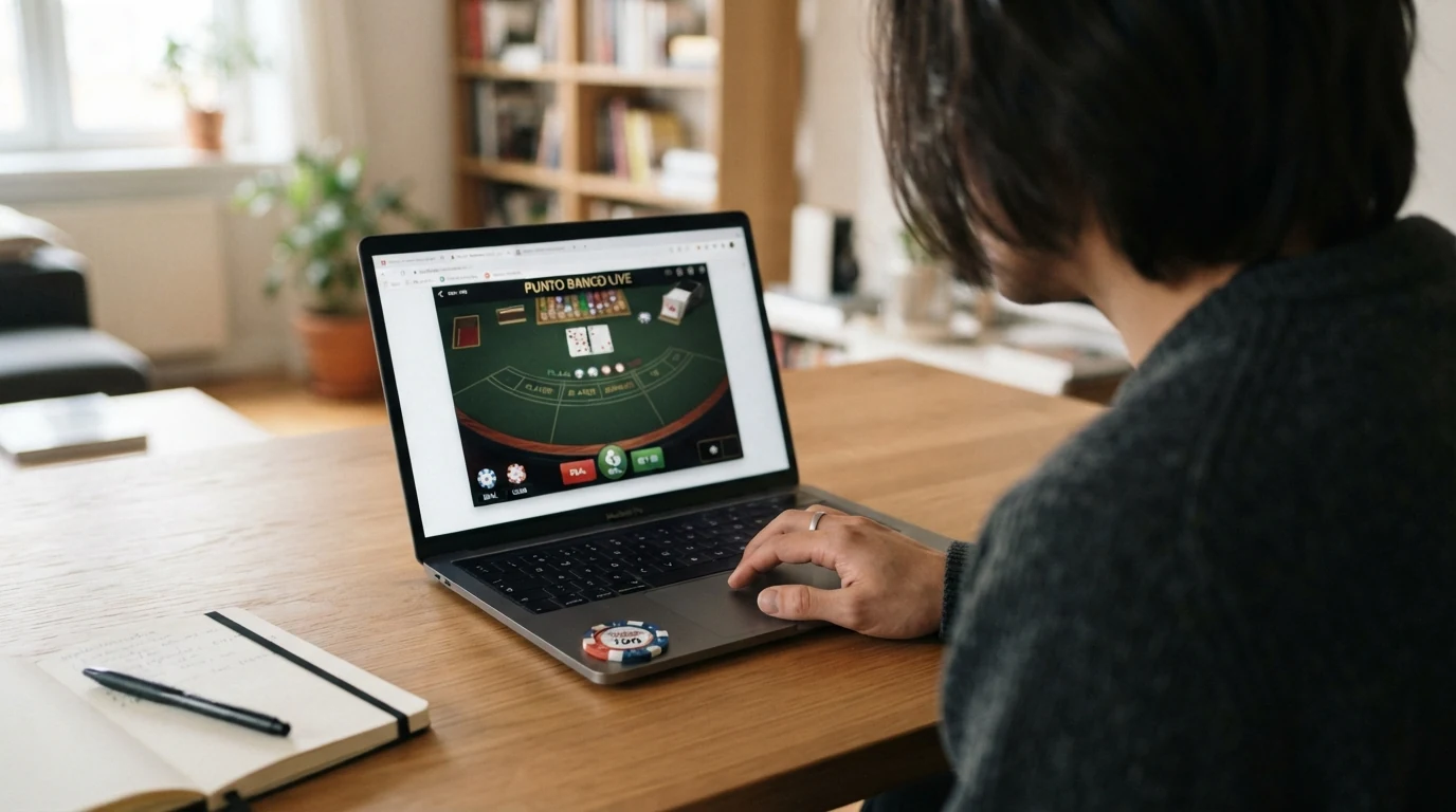 Bildschirmansicht mehrerer Online-Casino-Plattformen mit Punto Banco im Angebot, eine hervorgehoben mit Siegel