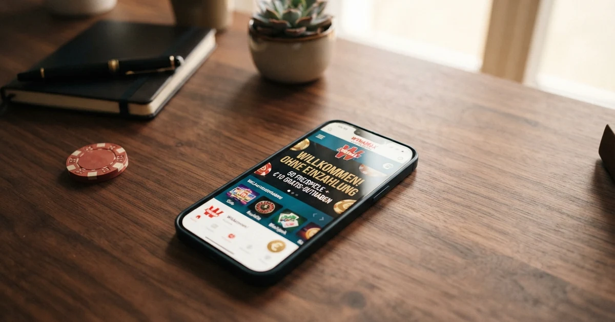 Eine Willkommensbonus-Anzeige auf dem Bildschirm eines Smartphones, mit hervorgehobenem „Ohne Einzahlung“-Schriftzug und Freispiel-Symbolen