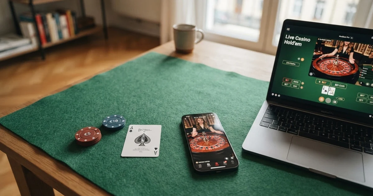 Ein Pokertisch mit Karten, Chips, einem Laptop und einem Smartphone mit Live-Dealer-Stream