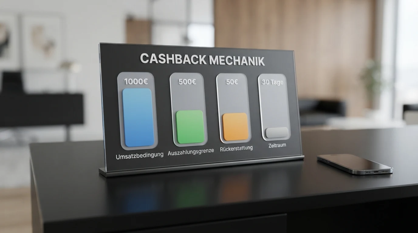 Bildschirmdarstellung einer Vergleichstabelle mit Casino-Logos und den Spalten Lizenz, Cashback und Willkommensbonus