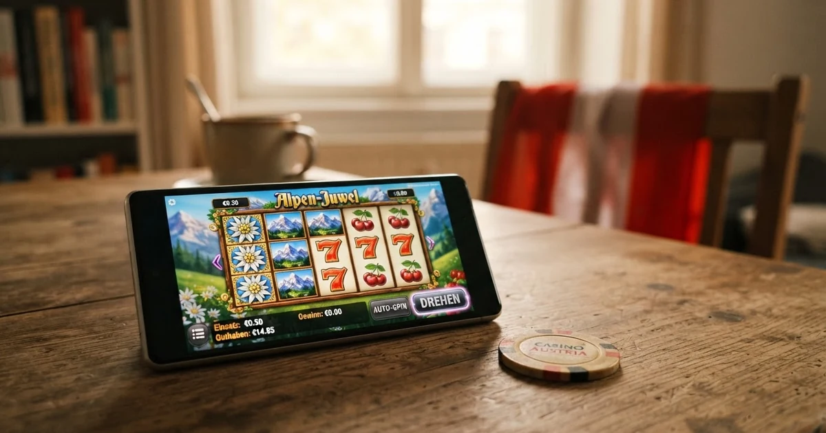 Paysafecard-Logo neben einem Smartphone mit geöffneter Casino-App, im Hintergrund eine stilisierte österreichische Flagge
