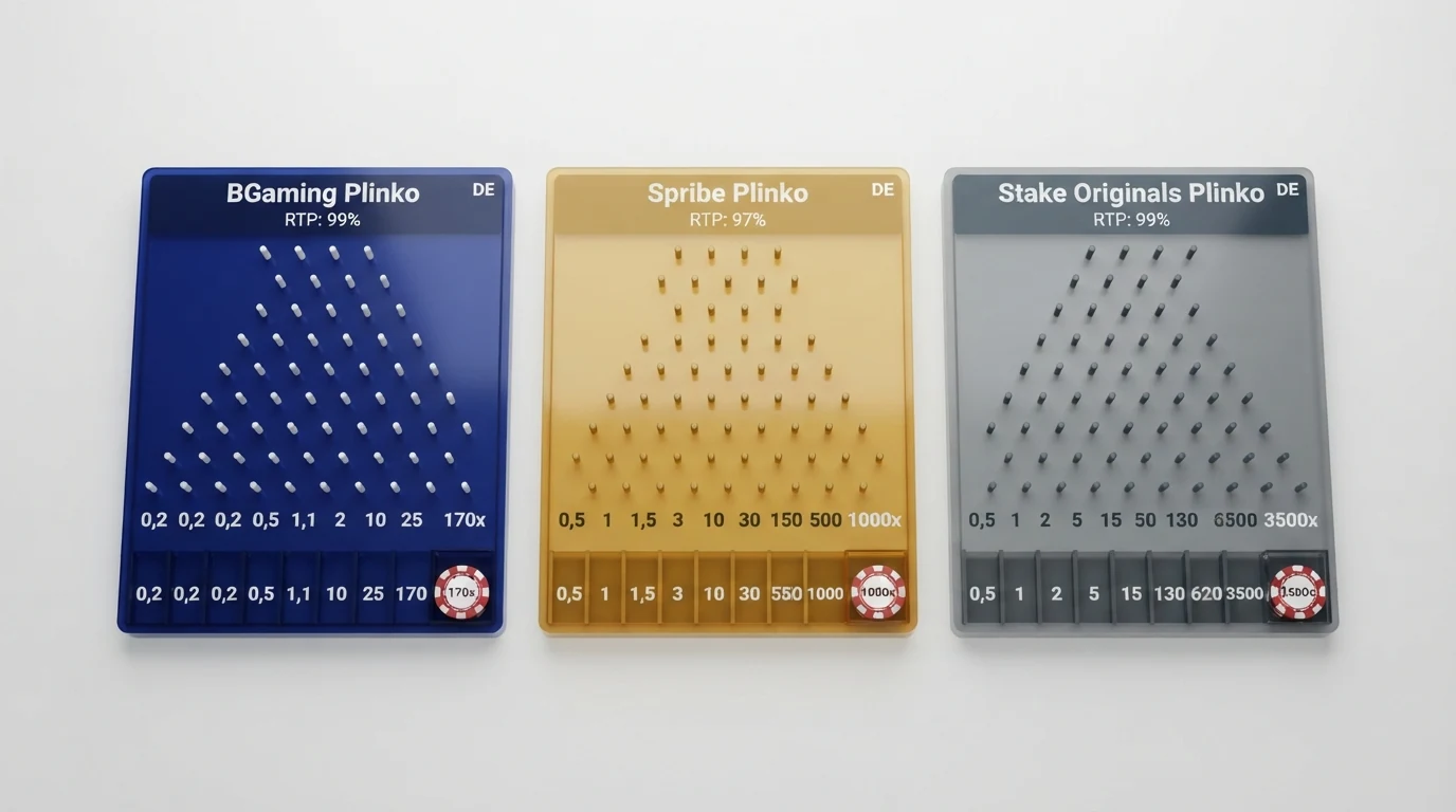 Eine vergleichende Darstellung der drei Plinko-Provider BGaming, Spribe und Stake Originals mit ihren RTP-Werten, maximalen Multiplikatoren und Besonderheiten